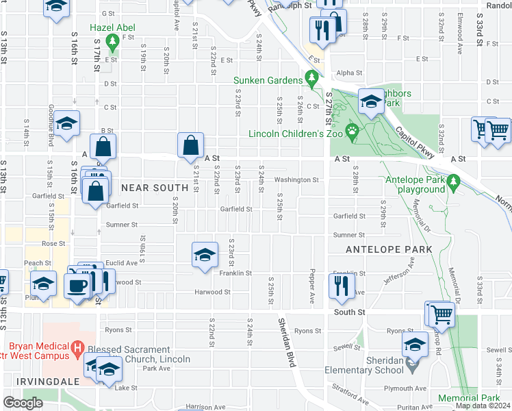 map of restaurants, bars, coffee shops, grocery stores, and more near 2342 Garfield Street in Lincoln