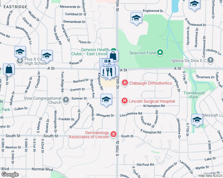 map of restaurants, bars, coffee shops, grocery stores, and more near 1551 South 70th Street in Lincoln