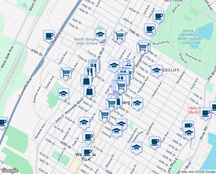 map of restaurants, bars, coffee shops, grocery stores, and more near 6914 Jackson Street in Guttenberg