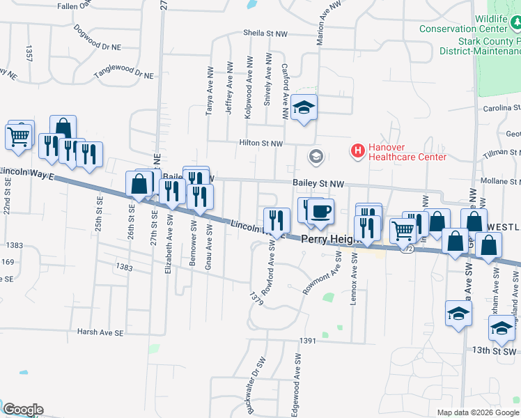 map of restaurants, bars, coffee shops, grocery stores, and more near 215 Snively Avenue Northwest in Massillon