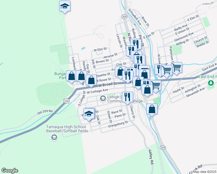 map of restaurants, bars, coffee shops, grocery stores, and more near 218 West Broad Street in Tamaqua