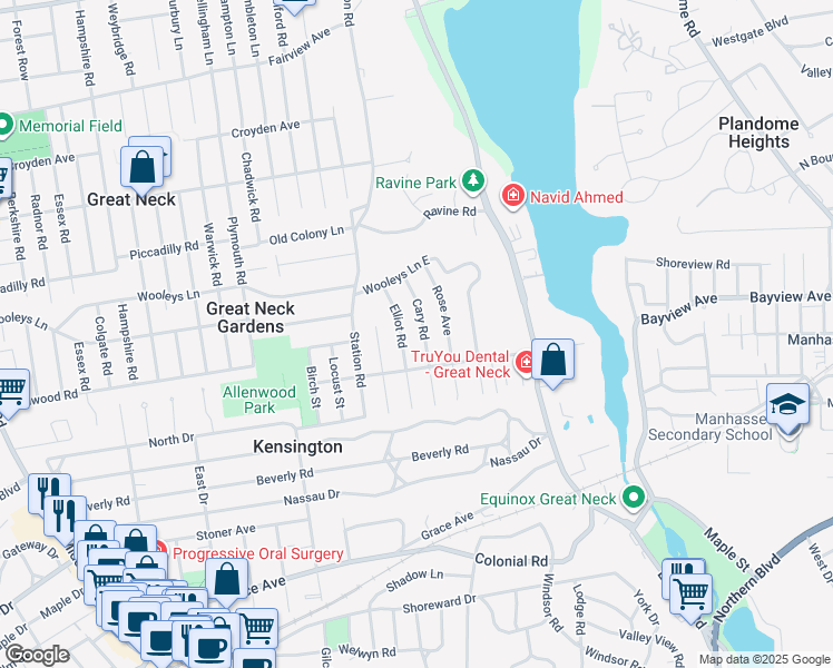 map of restaurants, bars, coffee shops, grocery stores, and more near 25 Cary Road in Great Neck