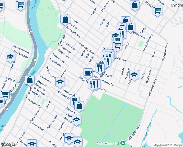 map of restaurants, bars, coffee shops, grocery stores, and more near 24 Bergen Avenue in North Arlington