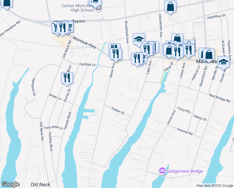 map of restaurants, bars, coffee shops, grocery stores, and more near 26 Smith Street in Center Moriches