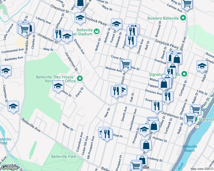 map of restaurants, bars, coffee shops, grocery stores, and more near 53 Reservoir Place in Belleville