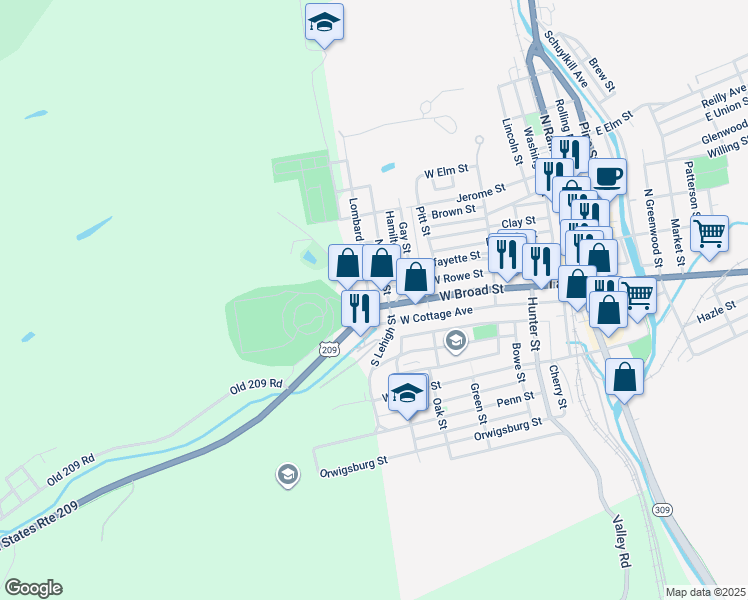 map of restaurants, bars, coffee shops, grocery stores, and more near 409 -411 West Broad Street in Tamaqua