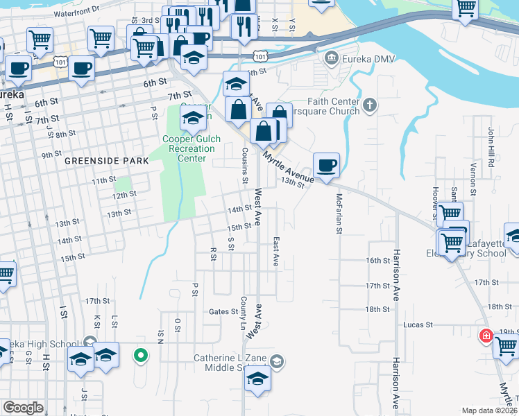 map of restaurants, bars, coffee shops, grocery stores, and more near 2006 14th Street in Eureka