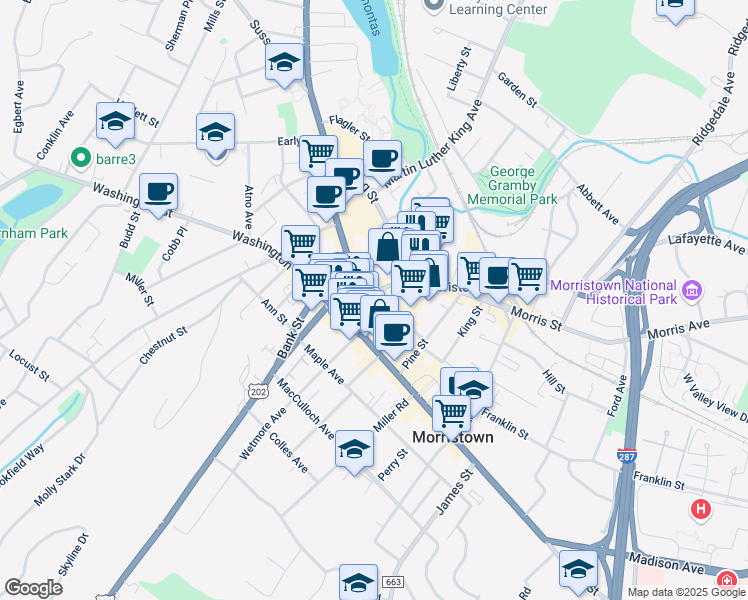 map of restaurants, bars, coffee shops, grocery stores, and more near in Morristown