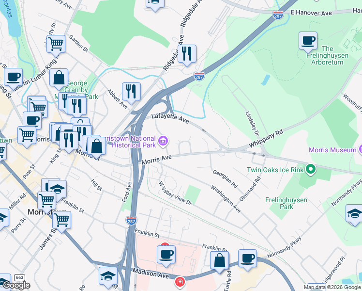map of restaurants, bars, coffee shops, grocery stores, and more near 13 Harding Terrace in Morristown