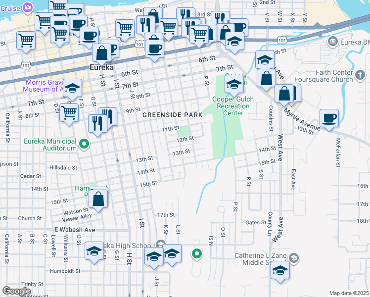 map of restaurants, bars, coffee shops, grocery stores, and more near 1215 M St in Eureka