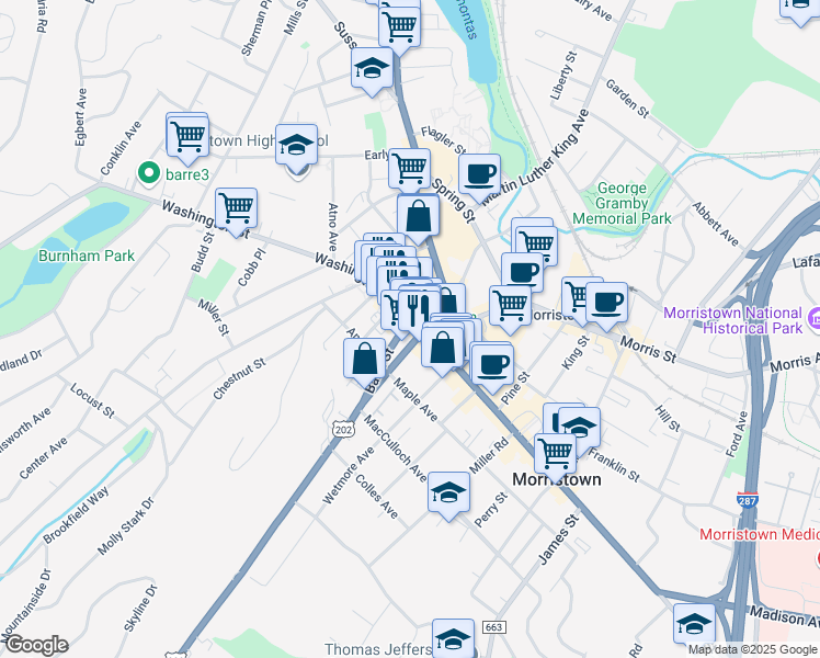 map of restaurants, bars, coffee shops, grocery stores, and more near 6 Washington Street in Morristown