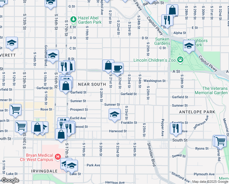 map of restaurants, bars, coffee shops, grocery stores, and more near 2120 Garfield Street in Lincoln