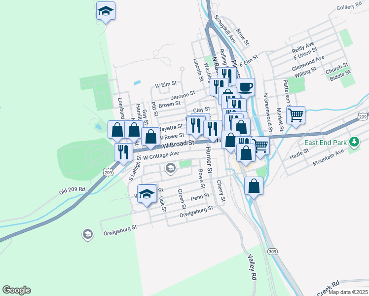 map of restaurants, bars, coffee shops, grocery stores, and more near 208 West Broad Street in Tamaqua