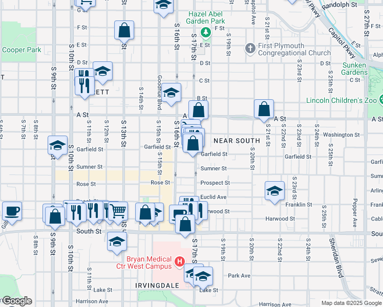 map of restaurants, bars, coffee shops, grocery stores, and more near 1641 Garfield Street in Lincoln