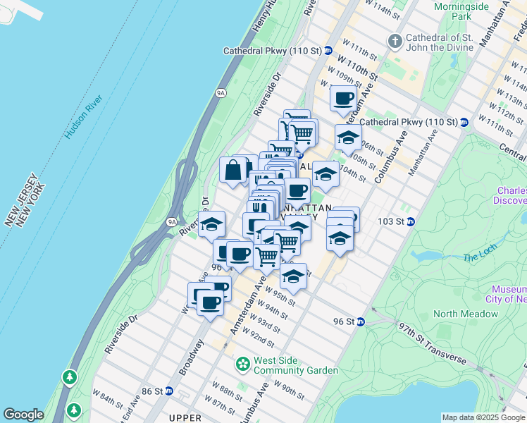 map of restaurants, bars, coffee shops, grocery stores, and more near 2621 Broadway in New York