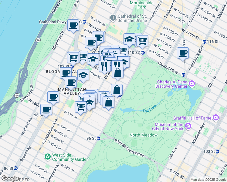 map of restaurants, bars, coffee shops, grocery stores, and more near 21 West 103rd Street in New York