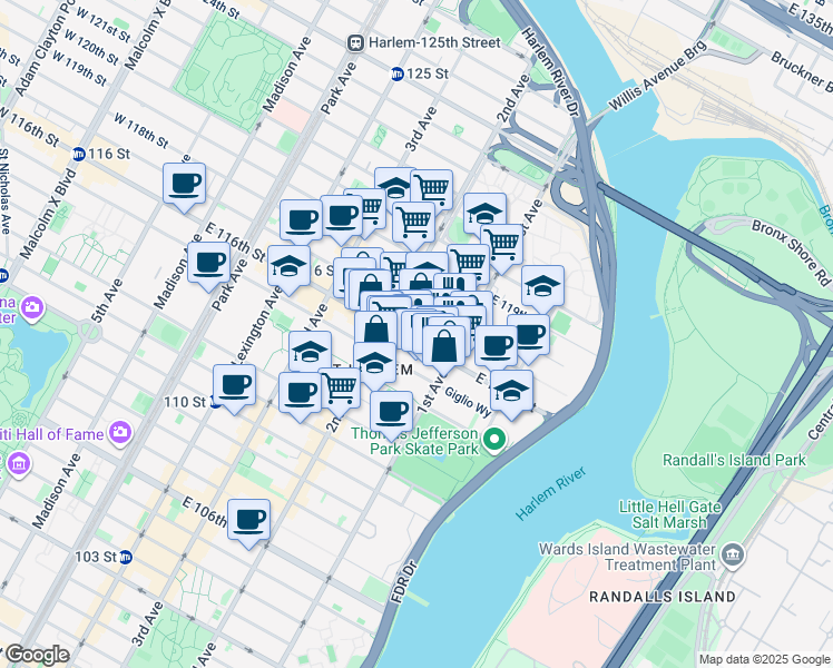 map of restaurants, bars, coffee shops, grocery stores, and more near 318 East 117th Street in New York