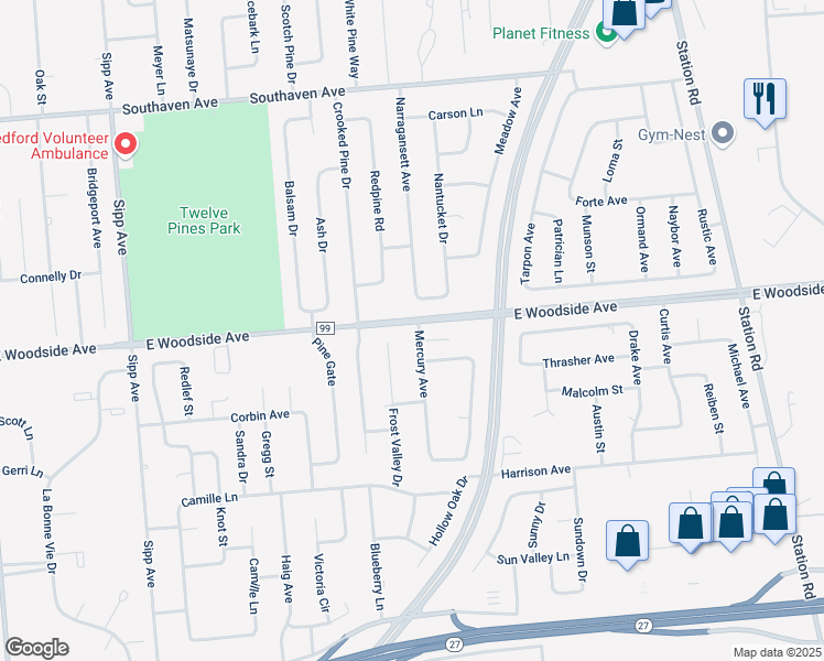 map of restaurants, bars, coffee shops, grocery stores, and more near 2 Mercury Avenue in East Patchogue