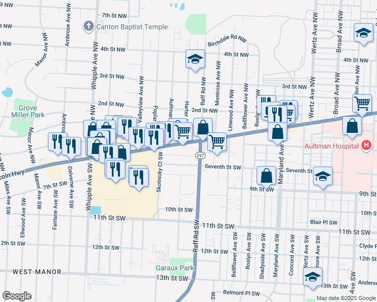 map of restaurants, bars, coffee shops, grocery stores, and more near 3730 Tuscarawas Street West in Canton