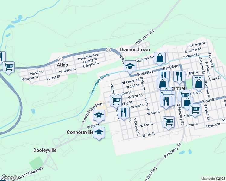map of restaurants, bars, coffee shops, grocery stores, and more near 101 Willow Street in Mount Carmel