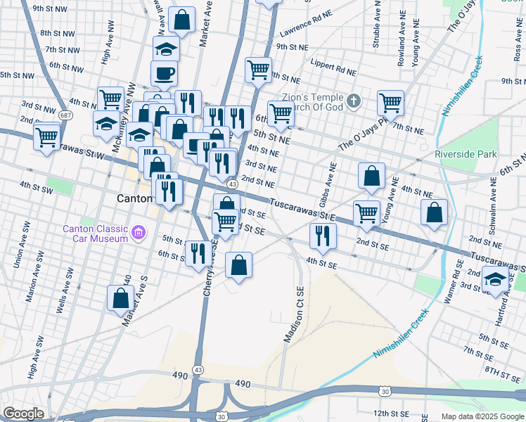 map of restaurants, bars, coffee shops, grocery stores, and more near 720 Tuscarawas Street East in Canton