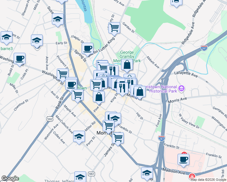map of restaurants, bars, coffee shops, grocery stores, and more near 122 Morris Street in Morristown