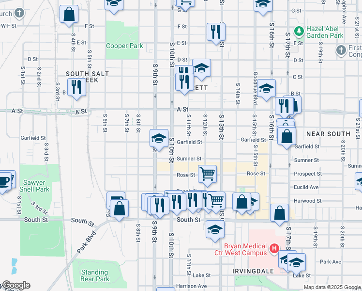 map of restaurants, bars, coffee shops, grocery stores, and more near 1021 Garfield Street in Lincoln