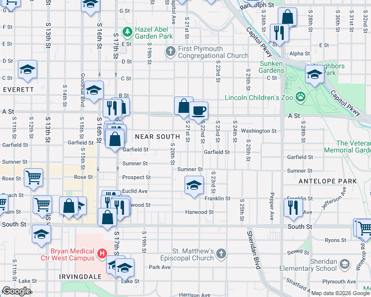 map of restaurants, bars, coffee shops, grocery stores, and more near 1544 South 20th Street in Lincoln