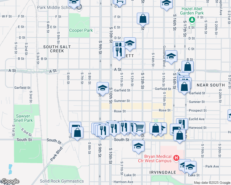 map of restaurants, bars, coffee shops, grocery stores, and more near 1021 Garfield Street in Lincoln