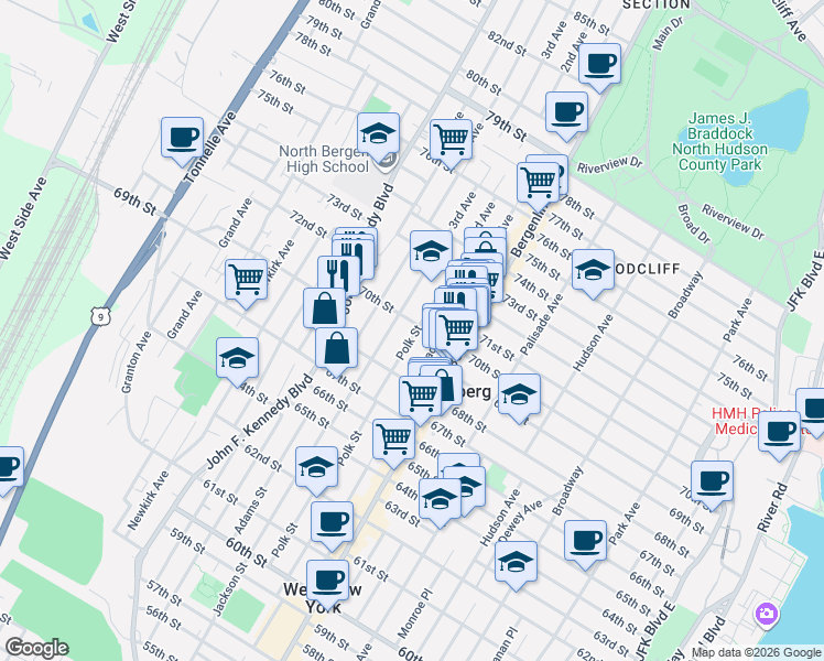map of restaurants, bars, coffee shops, grocery stores, and more near 541 70th Street in Guttenberg