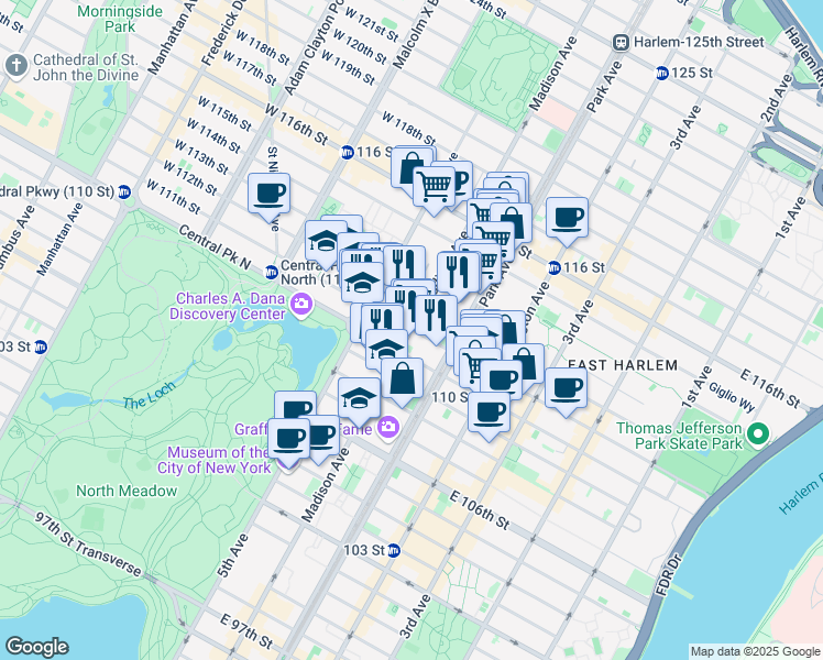 map of restaurants, bars, coffee shops, grocery stores, and more near Madison Avenue & East 111th Street in New York