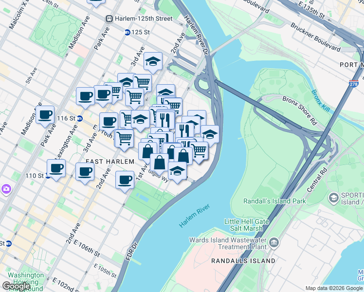 map of restaurants, bars, coffee shops, grocery stores, and more near in New York