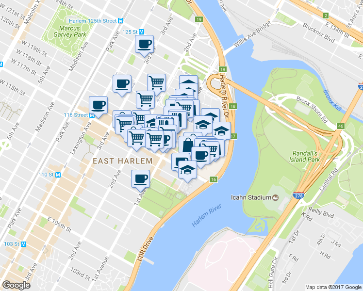 map of restaurants, bars, coffee shops, grocery stores, and more near 421 East 118th Street in New York