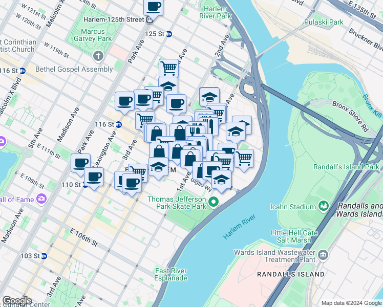 map of restaurants, bars, coffee shops, grocery stores, and more near in New York