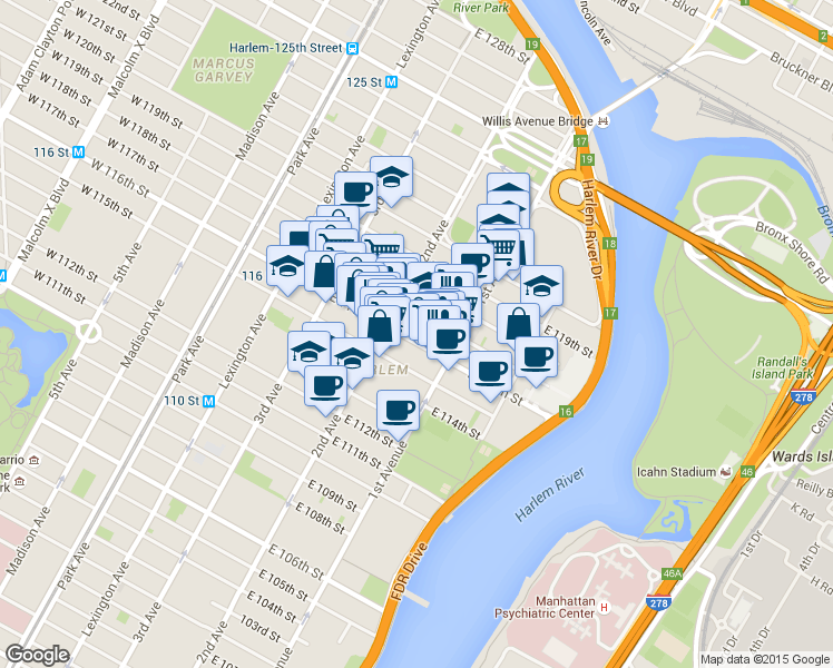 map of restaurants, bars, coffee shops, grocery stores, and more near 318 East 117th Street in New York