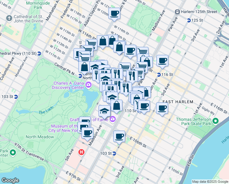 map of restaurants, bars, coffee shops, grocery stores, and more near 1309 5th Avenue in New York