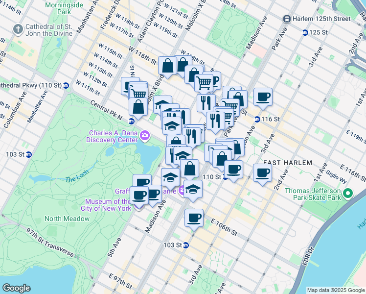 map of restaurants, bars, coffee shops, grocery stores, and more near 1309 5th Avenue in New York