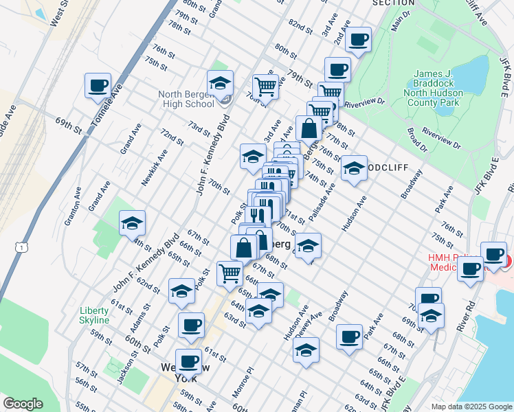 map of restaurants, bars, coffee shops, grocery stores, and more near 7011 Madison Street in Guttenberg