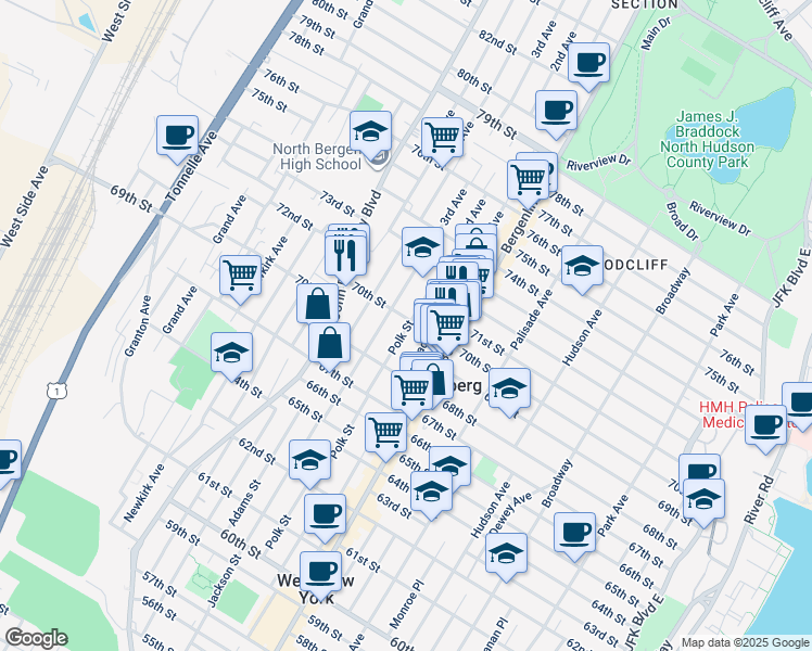 map of restaurants, bars, coffee shops, grocery stores, and more near 6914 Jackson Street in Guttenberg