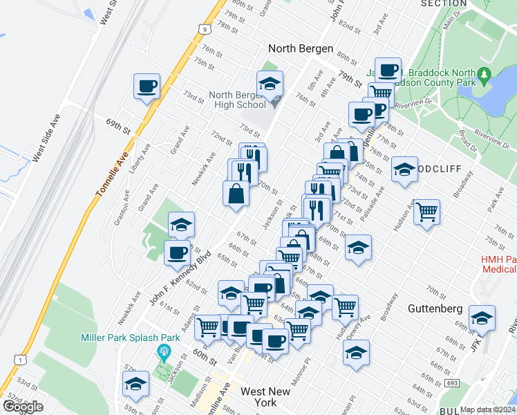 map of restaurants, bars, coffee shops, grocery stores, and more near 6825 Adams Street in Guttenberg