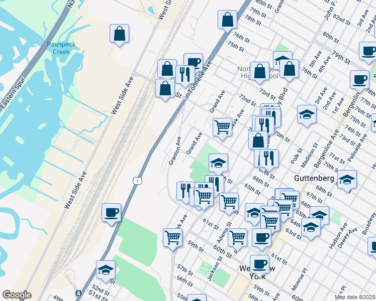 map of restaurants, bars, coffee shops, grocery stores, and more near 6411 Grand Avenue in North Bergen