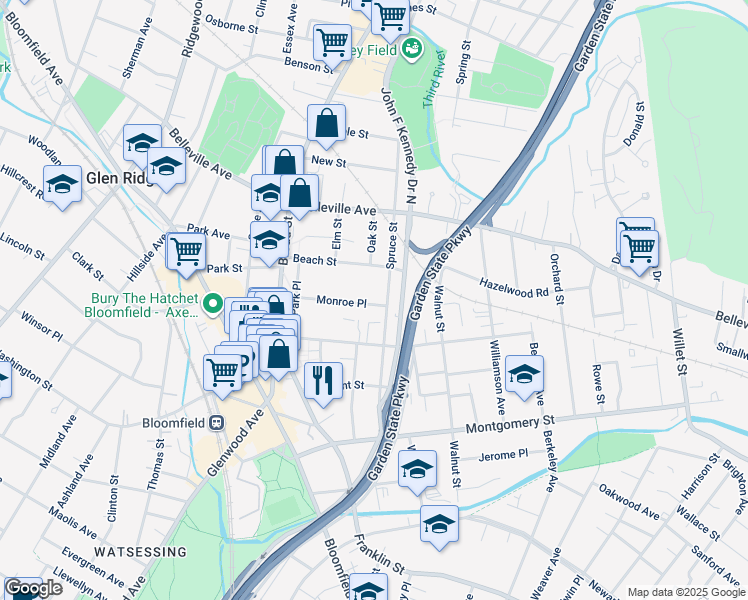 map of restaurants, bars, coffee shops, grocery stores, and more near 124 Spruce Street in Bloomfield