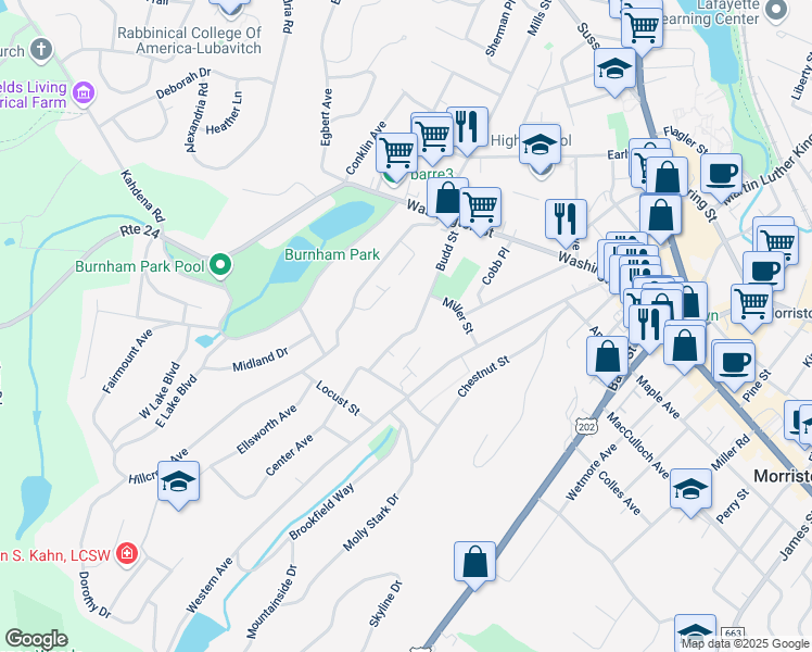 map of restaurants, bars, coffee shops, grocery stores, and more near 47 Budd Street in Morristown