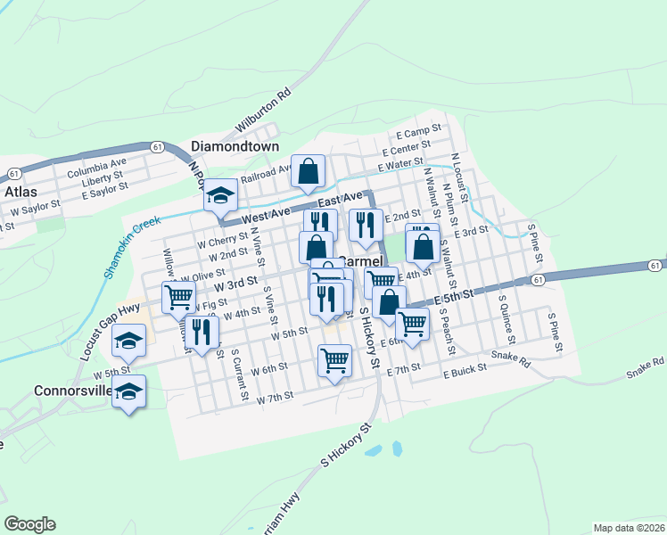 map of restaurants, bars, coffee shops, grocery stores, and more near 1994 East 3rd Street in Mount Carmel