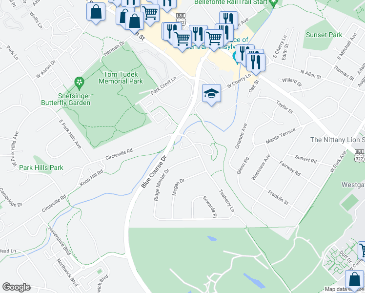 map of restaurants, bars, coffee shops, grocery stores, and more near 1120 Teaberry Lane in State College
