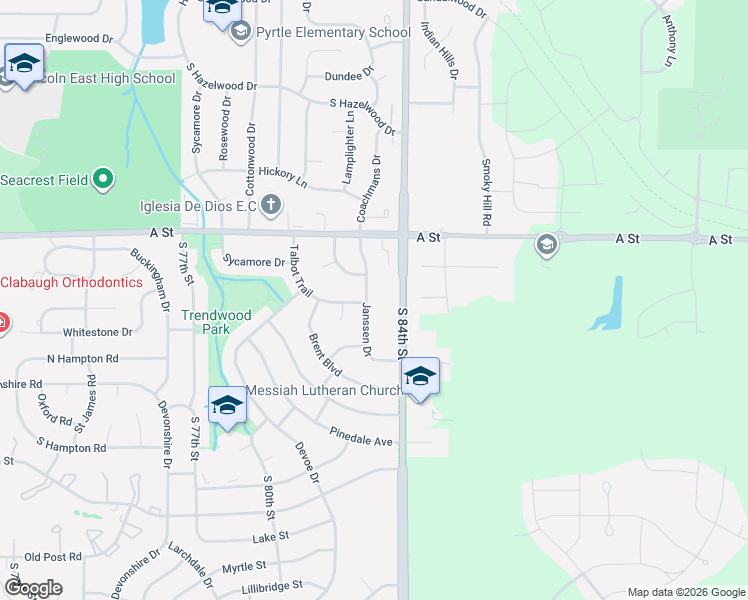 map of restaurants, bars, coffee shops, grocery stores, and more near 1530 Janssen Drive in Lincoln