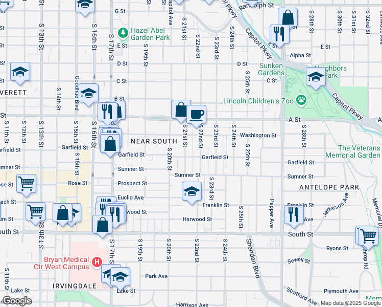map of restaurants, bars, coffee shops, grocery stores, and more near 2120 Garfield Street in Lincoln