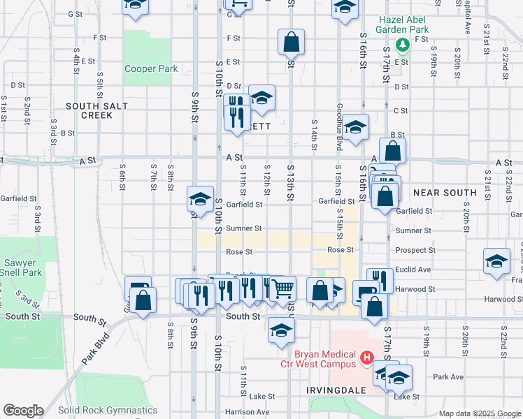 map of restaurants, bars, coffee shops, grocery stores, and more near 1114 Garfield Street in Lincoln