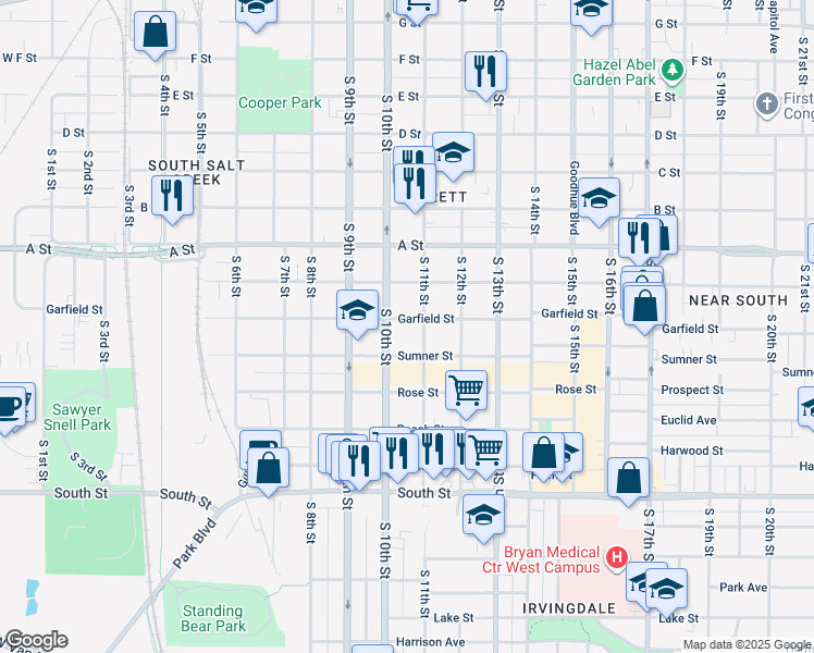map of restaurants, bars, coffee shops, grocery stores, and more near 1021 Garfield Street in Lincoln