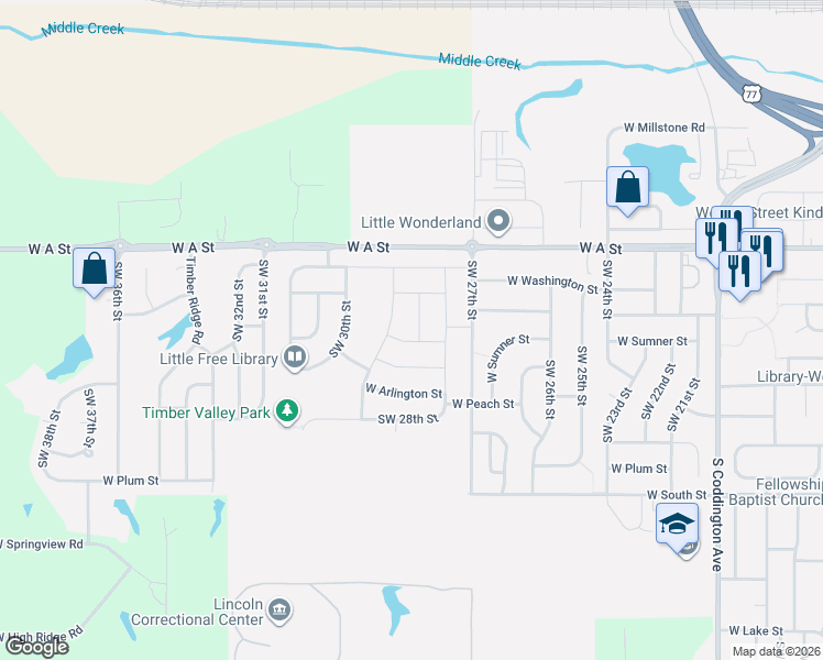 map of restaurants, bars, coffee shops, grocery stores, and more near 1640 Southwest Derek Avenue in Lincoln